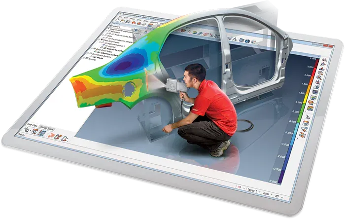 Technicien réalisant une simulation 3D sur un écran tactile, illustrant une solution industrielle avancée pour l'analyse et l'optimisation de la conception de pièces automobiles