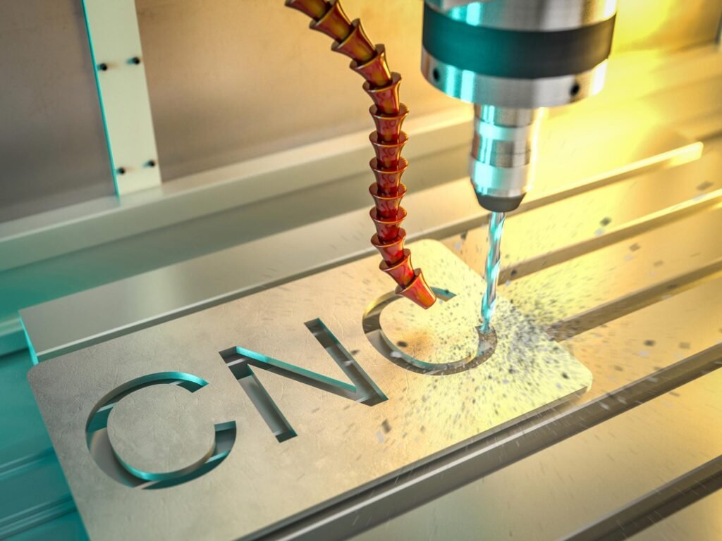 Machine CNC usinage en fonctionnement, usinant une pièce métallique avec précision et efficacité dans un atelier moderne.