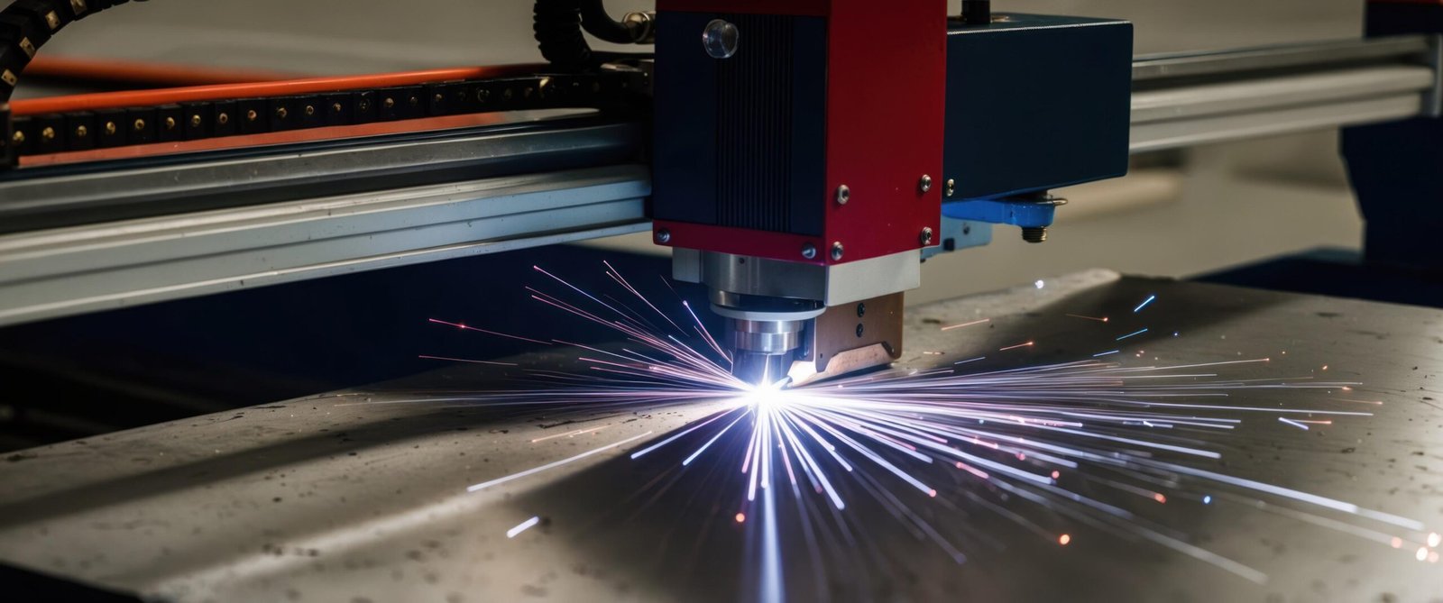 Machine de découpe laser en pleine opération chez la société découpe laser, avec des faisceaux laser découpant du métal.