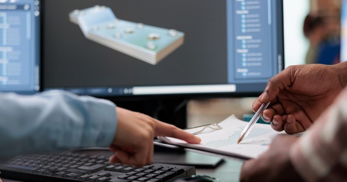Personne travaillant sur un logiciel de CAO, concentrée sur un modèle 3D affiché à l'écran.
