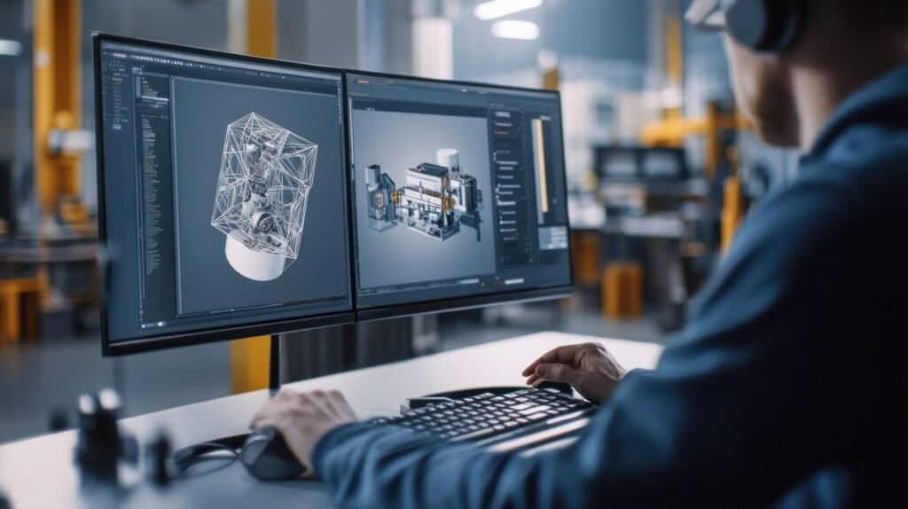 Ingénieur en conception et fabrication mécanique analysant un prototype 3D